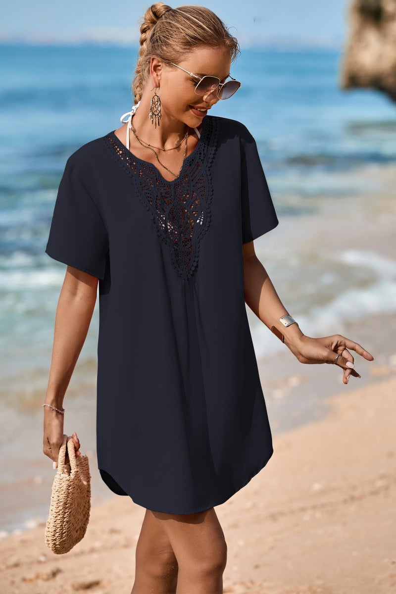 Supnier Women's Swimsuit Beach Cover Up Dress Short Sleeve Bikini Bathing Suit Swimwear Coverups Black M - Image 3