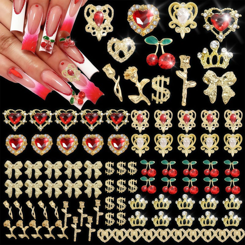 Pizadix 85 Pcs 3D Gold Nail Charms Y2K Bulk Nail Art Decor Set Nail Charms and Gems Including Heart Rhinestones for Nails, Cherries, Dollars, Roses, Crowns, and More for Nail Art Decoration Jewelry - Image 1