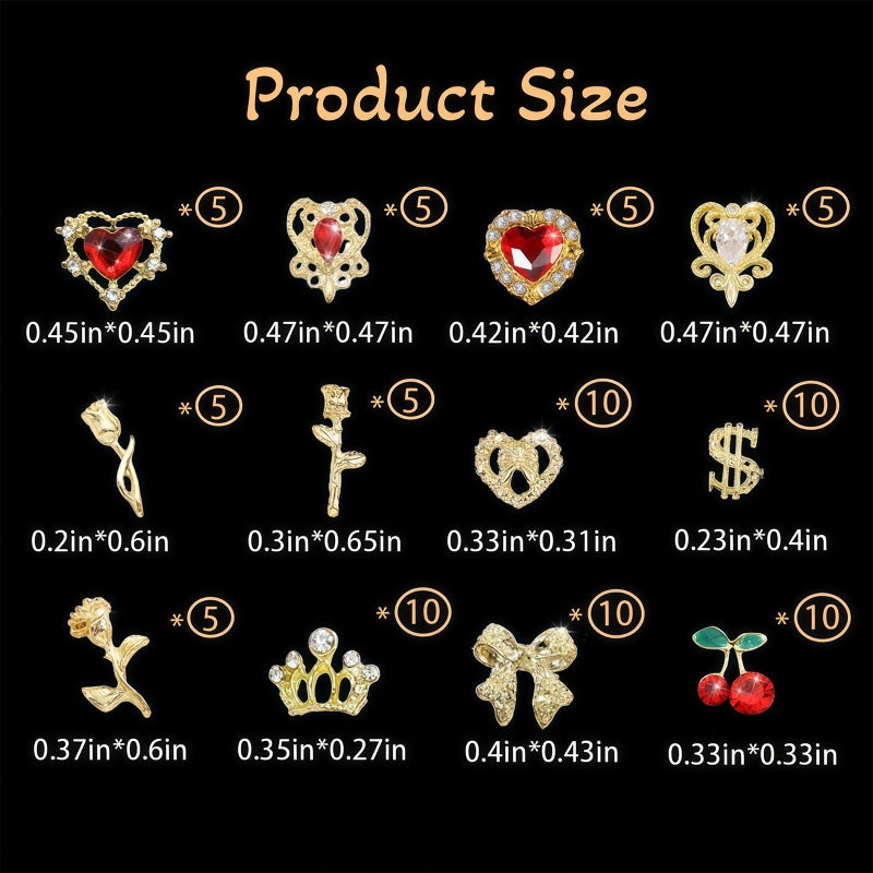 Pizadix 85 Pcs 3D Gold Nail Charms Y2K Bulk Nail Art Decor Set Nail Charms and Gems Including Heart Rhinestones for Nails, Cherries, Dollars, Roses, Crowns, and More for Nail Art Decoration Jewelry - Image 4