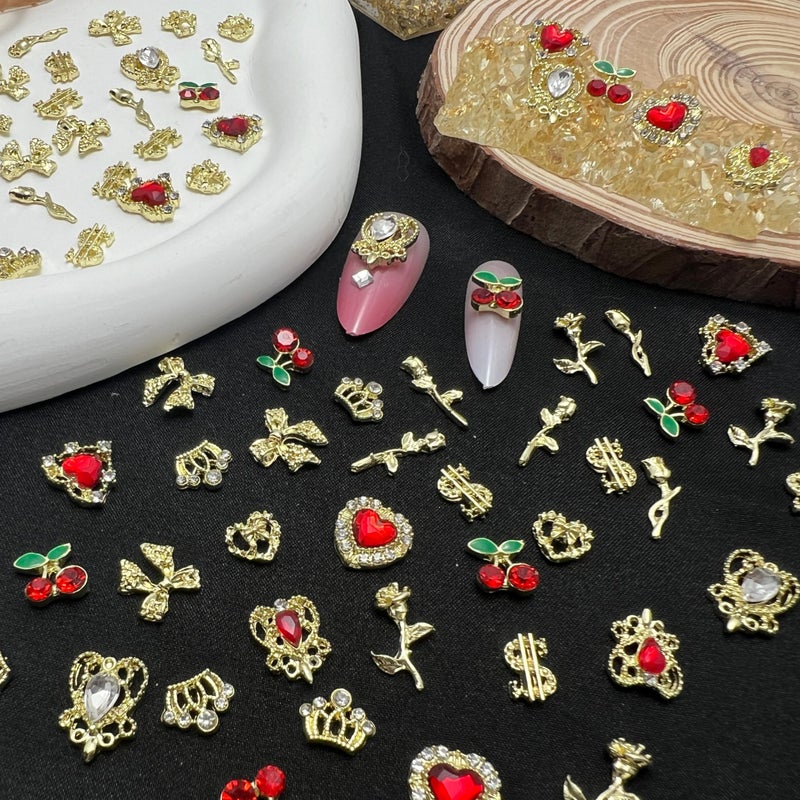 Pizadix 85 Pcs 3D Gold Nail Charms Y2K Bulk Nail Art Decor Set Nail Charms and Gems Including Heart Rhinestones for Nails, Cherries, Dollars, Roses, Crowns, and More for Nail Art Decoration Jewelry - Image 2