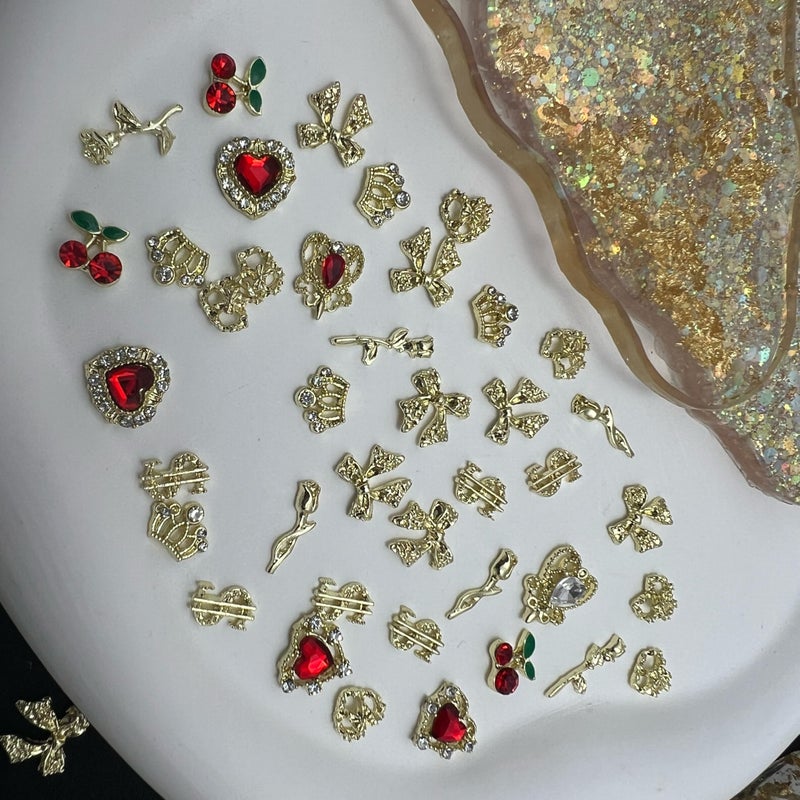 Pizadix 85 Pcs 3D Gold Nail Charms Y2K Bulk Nail Art Decor Set Nail Charms and Gems Including Heart Rhinestones for Nails, Cherries, Dollars, Roses, Crowns, and More for Nail Art Decoration Jewelry - Image 3