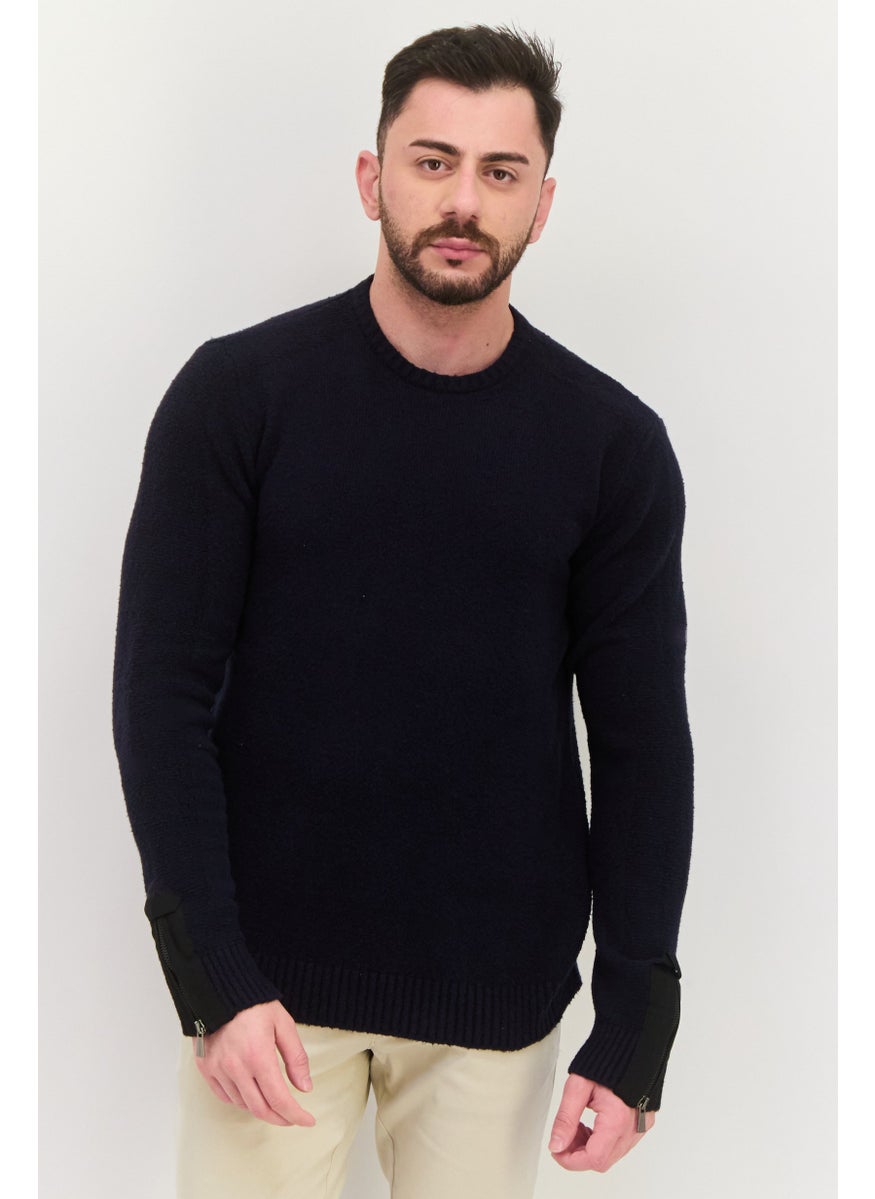 TRUSSARDI JEANS Men Crew Neck Knitted Long Sleeves  Sweater, Navy  - Image 1