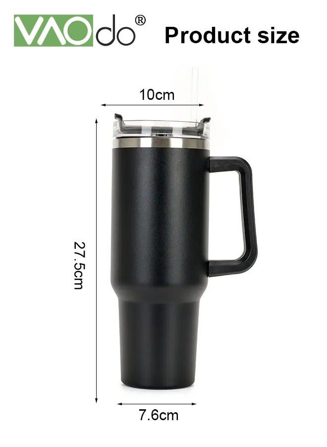 VAOdo Stainless Steel Double Layer Vacuum Hot Water Cup With Handle Lid And Straw To Keep Drinks Cool For Up To 24 Hours Dishwasher Safe 1200ml Black - Image 2
