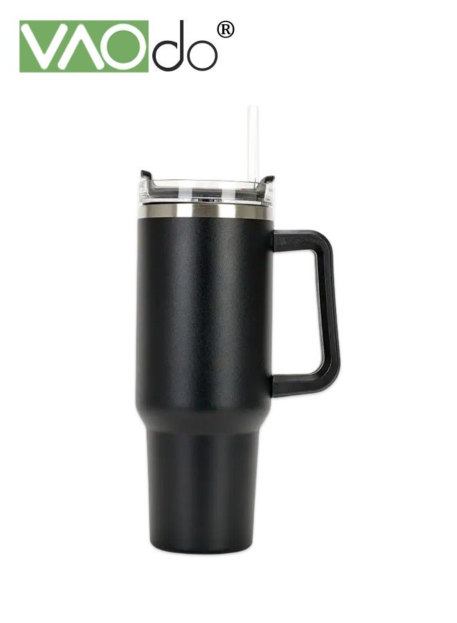 VAOdo Stainless Steel Double Layer Vacuum Hot Water Cup With Handle Lid And Straw To Keep Drinks Cool For Up To 24 Hours Dishwasher Safe 1200ml Black - Image 1