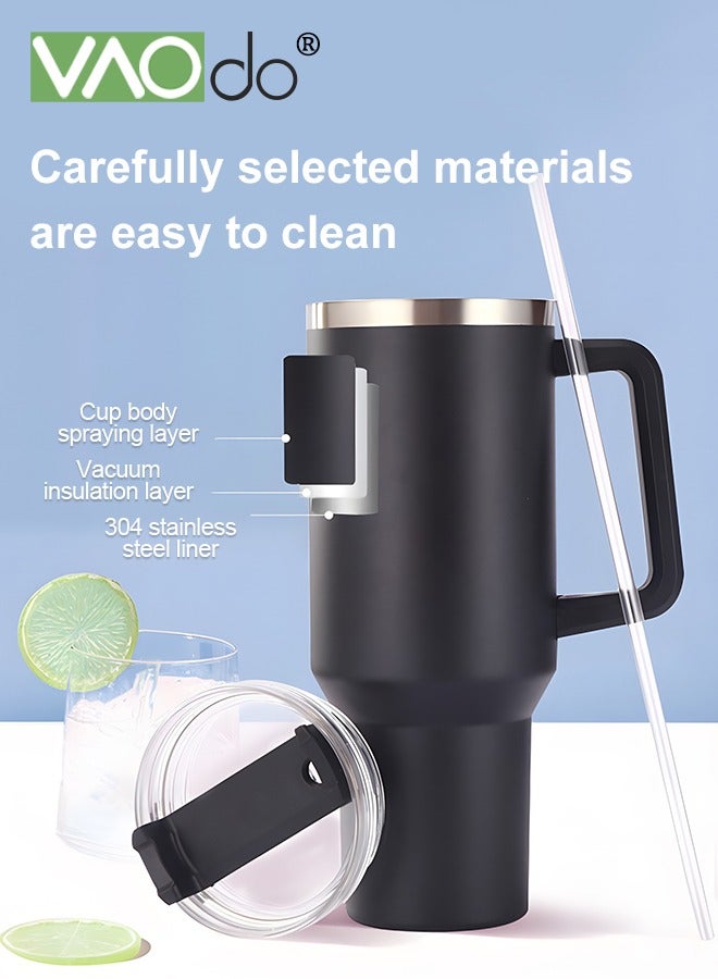 VAOdo Stainless Steel Double Layer Vacuum Hot Water Cup With Handle Lid And Straw To Keep Drinks Cool For Up To 24 Hours Dishwasher Safe 1200ml Black - Image 3