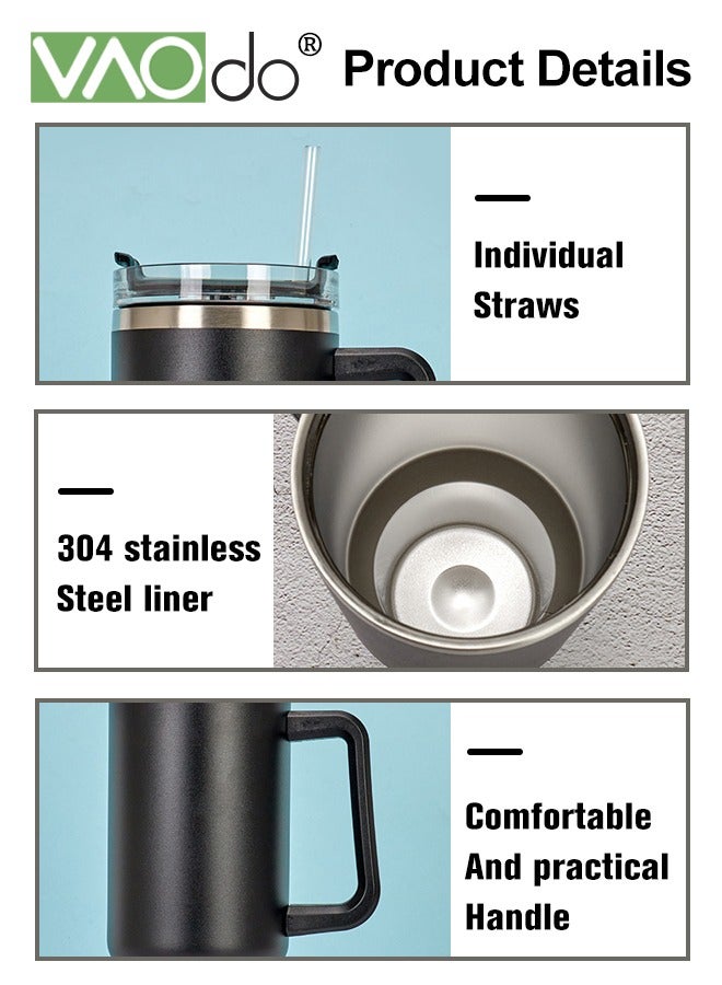 VAOdo Stainless Steel Double Layer Vacuum Hot Water Cup With Handle Lid And Straw To Keep Drinks Cool For Up To 24 Hours Dishwasher Safe 1200ml Black - Image 4