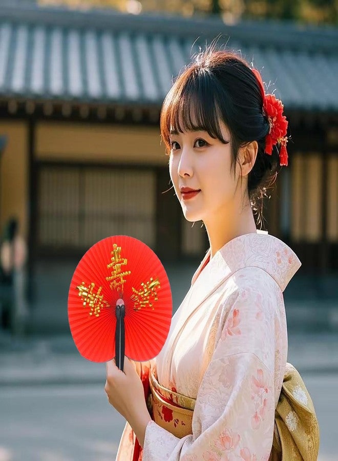 Bestage 10 Pieces Chinese New Year Decorations Paper Fans Chinese Character Fan Oriental Handheld Japanese Round Folding Party Fan for Chinese Wedding Party Birthday Festival Favors Decorations - Image 4