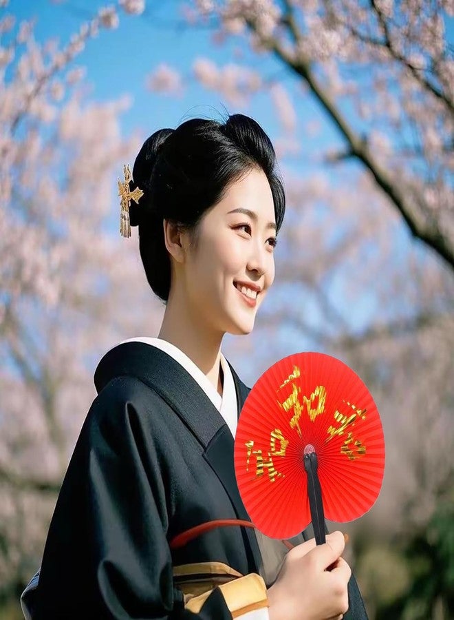 Bestage 10 Pieces Chinese New Year Decorations Paper Fans Chinese Character Fan Oriental Handheld Japanese Round Folding Party Fan for Chinese Wedding Party Birthday Festival Favors Decorations - Image 3
