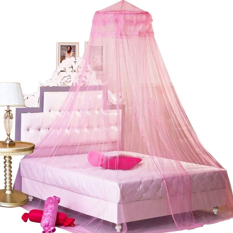 BCBYou Pink Princess Bed Canopy Netting Mosquito Net Round Lace Dome for Twin Full and Queen Size Beds Crib with Jumbo Swag Hook - Image 1