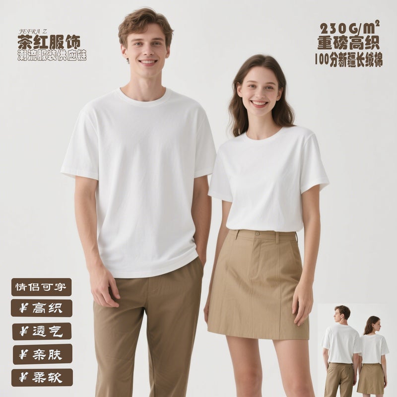 Crewneck لون صلب الكتف النساء 2025 جديد قصير الأكمام الثقيلة الوزن الراقية التخسيس شينجيانغ القطن العصرية العلامة التجارية فضفاضة تي شيرت للنساء - Image 2
