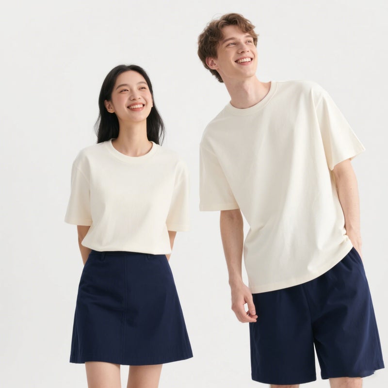 Crewneck لون صلب الكتف النساء 2025 جديد قصير الأكمام الثقيلة الوزن الراقية التخسيس شينجيانغ القطن العصرية العلامة التجارية فضفاضة تي شيرت للنساء - Image 1
