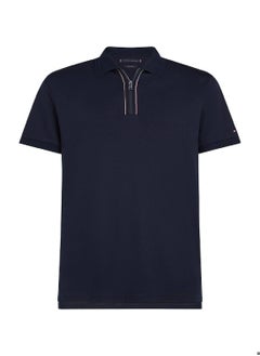 TOMMY HILFIGER Men's Regular Fit Zip Placket Polo Shirt - Cotton, Blue  - Image 3