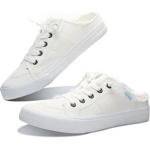 Obtaom Women Canvas Mules Memory Foam Clipper Fashion Sneakers Comfortable Slip-On Mule Backless Shoe（White Canvas US8） - Image 1