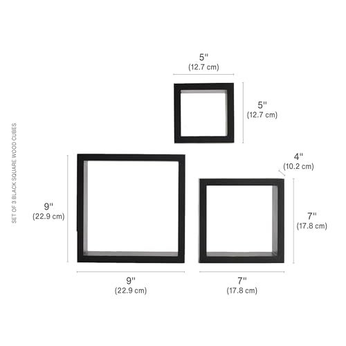 Melannco Floating Wall Square Cube Shelves for Bedroom, Living Room, Bathroom, Kitchen - Wood, Set of 3, Black - Image 2