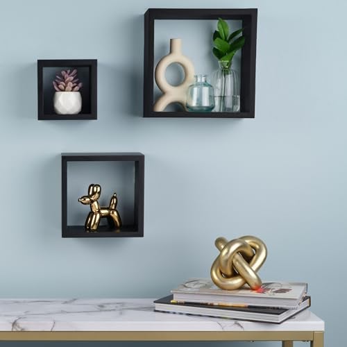 Melannco Floating Wall Square Cube Shelves for Bedroom, Living Room, Bathroom, Kitchen - Wood, Set of 3, Black - Image 5