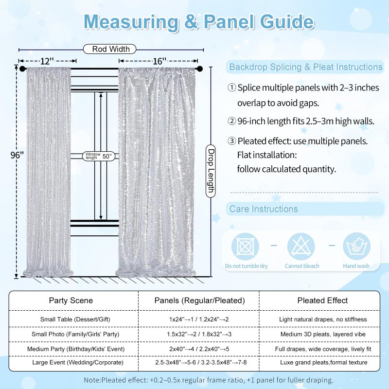 QueenDream Silver Sequin Backdrop 2 Panels 2FTx8FT Christmas Party Backdrop Curtains Glitter Photo Background for Wedding Baby Shower Stage Decorations - Image 5