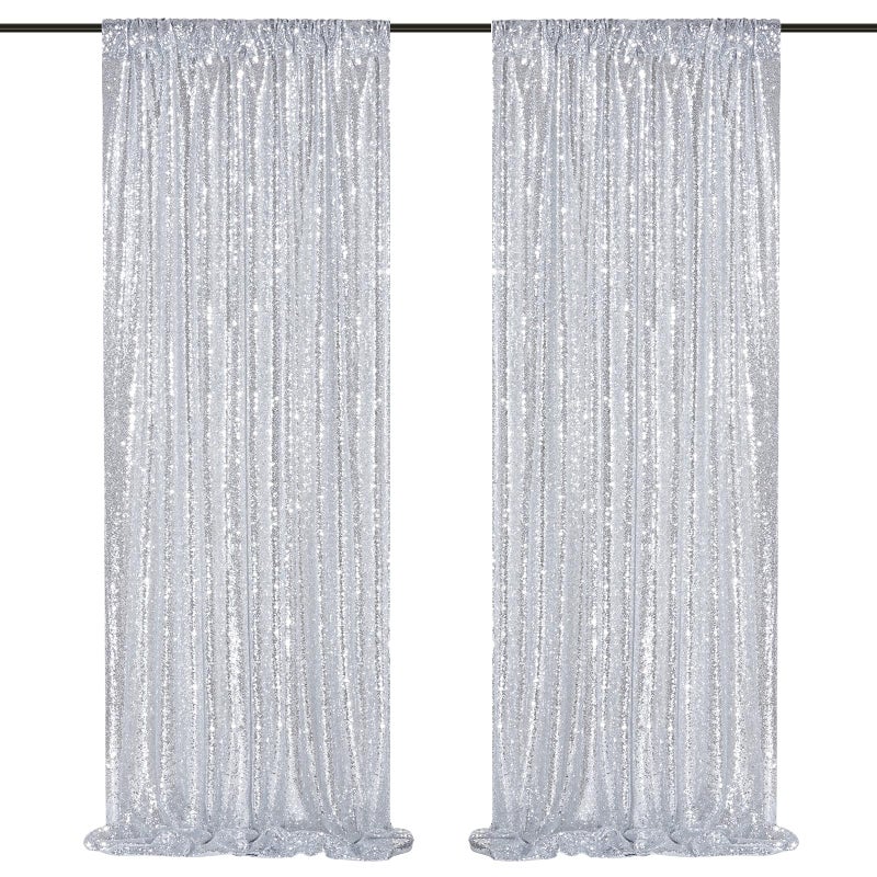 QueenDream Silver Sequin Backdrop 2 Panels 2FTx8FT Christmas Party Backdrop Curtains Glitter Photo Background for Wedding Baby Shower Stage Decorations - Image 1