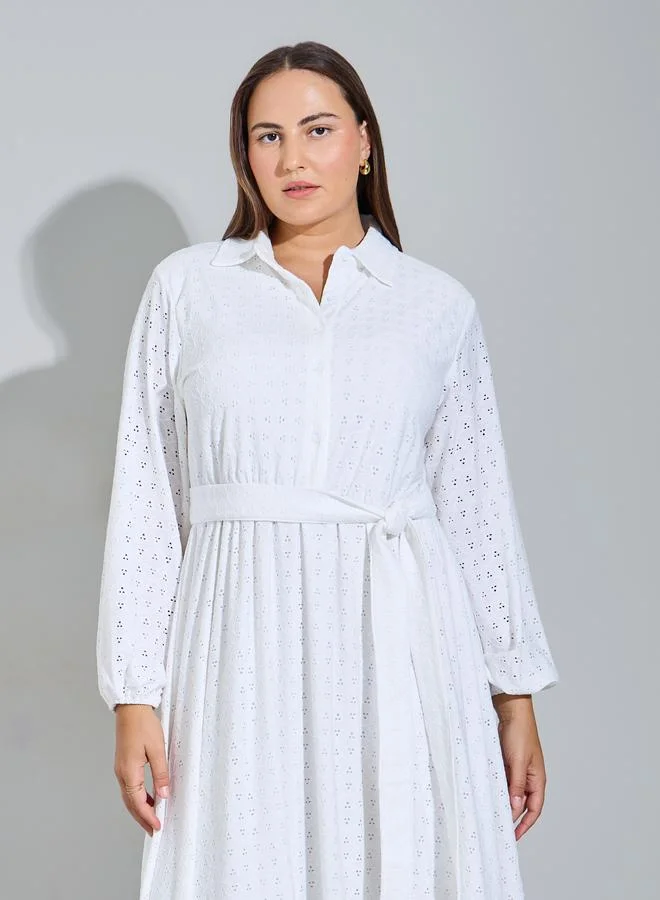Styli Plus Size White Eyelet Details Shirt Maxi Dress