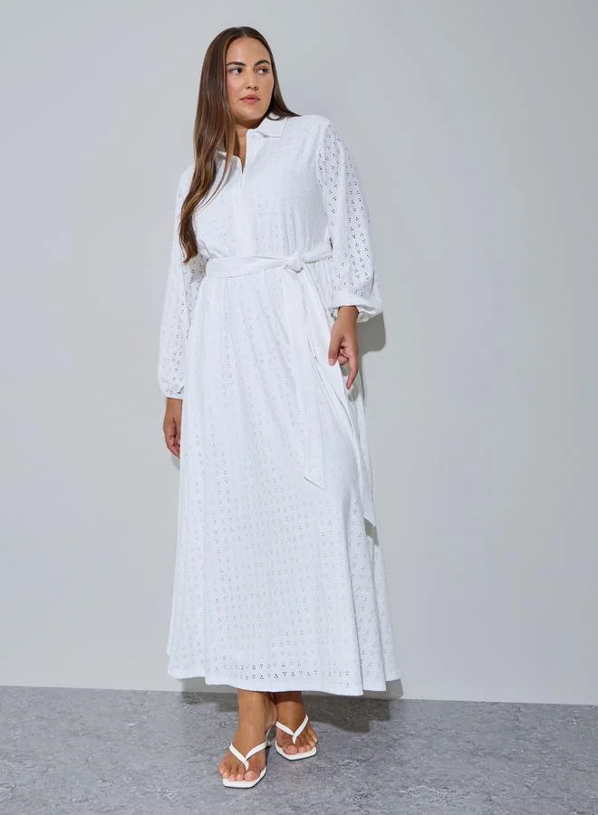 Styli Plus Size White Eyelet Details Shirt Maxi Dress