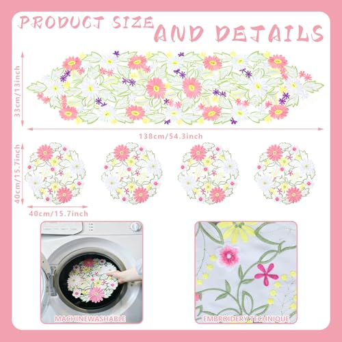 Kathfly Spring Flowers Table Runner and Placemats Set of 5 13 x 54 Daisy Embroidered Flowery Table Linen 15 Floral Cutwork Embroidered Placemats for Home Spring Kitchen Dining Tabletop Decor - Image 3