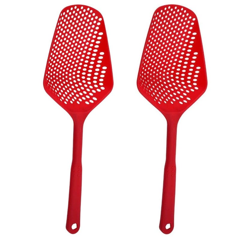 Sugalsu Food Scoop Colander Strainer Slotted Spoon with Handle Plastic HeatResistant Large Slotted Strainer and Skimmer for Pasta Vegetables Salad Set of 2 Red - Image 1
