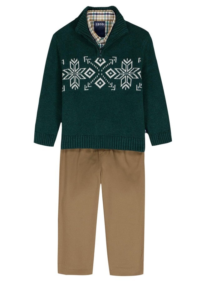 Izod Boys' 3-Piece Sweater, Dress Shirt, and Pants Set, Green Snowflake, 7 - Image 1