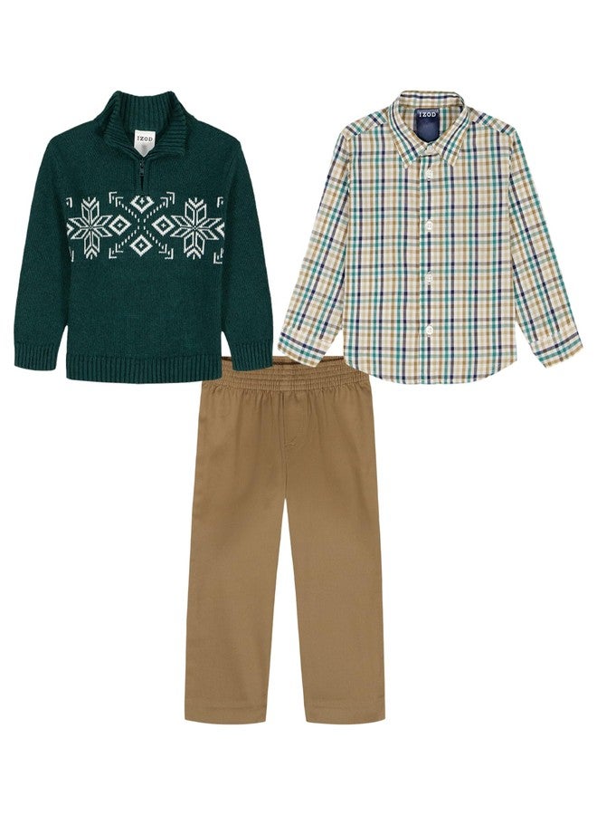 Izod Boys' 3-Piece Sweater, Dress Shirt, and Pants Set, Green Snowflake, 7 - Image 2