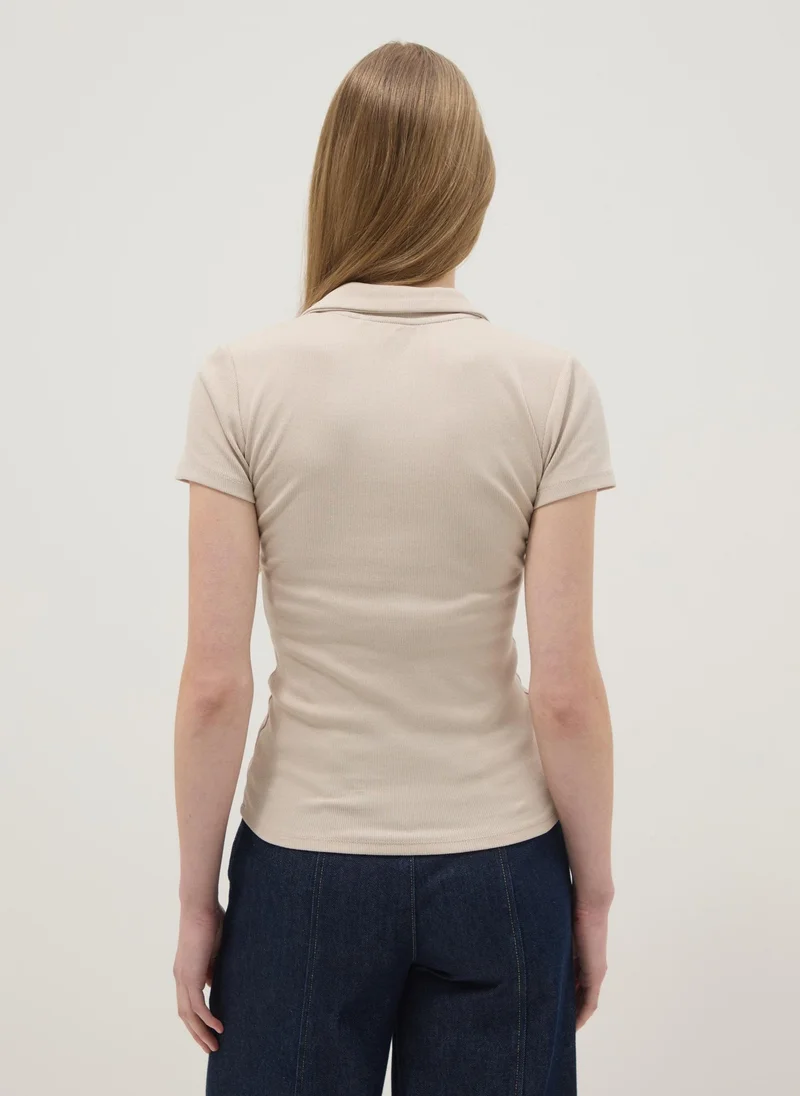 Ovs  OVS Beige Stretch Cotton Polo Regular Fit Deep V for Women | Best Price UAE