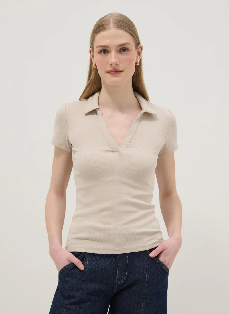 Ovs OVS Beige Stretch Cotton Polo Regular Fit Deep V