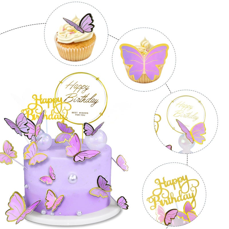WOW DING 60Pcs Butterfly Cupcake Topper Purple Gold, Lively 3D Butterflies with 2Pcs Happy Birthday Topper for Cake Decor Birthday Anniversary Kids Wedding Girl Women Party Wall Food Decorations,Mixed Size - Image 3