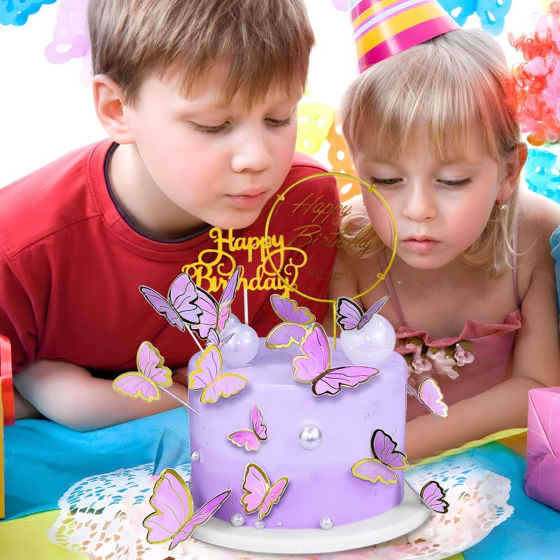 WOW DING 60Pcs Butterfly Cupcake Topper Purple Gold, Lively 3D Butterflies with 2Pcs Happy Birthday Topper for Cake Decor Birthday Anniversary Kids Wedding Girl Women Party Wall Food Decorations,Mixed Size - Image 5