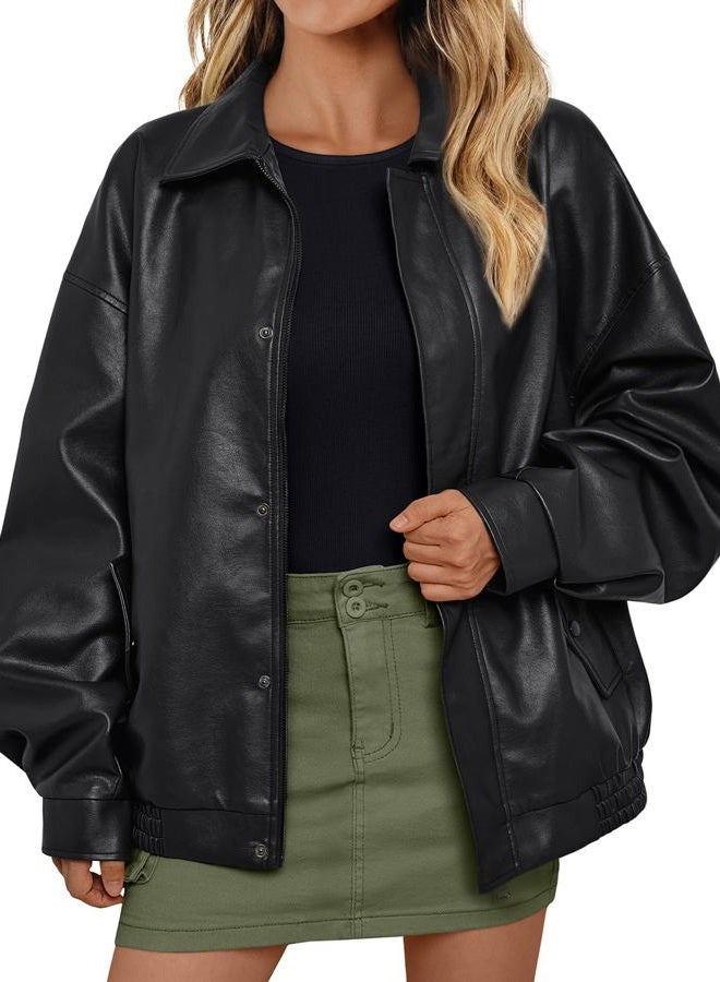 AUTOMET Women's Oversized Leather Jackets Faux Suede 2024 Fall Zip Up Motorcycle Coats Blazer Jackets for Women Outfits - Image 1