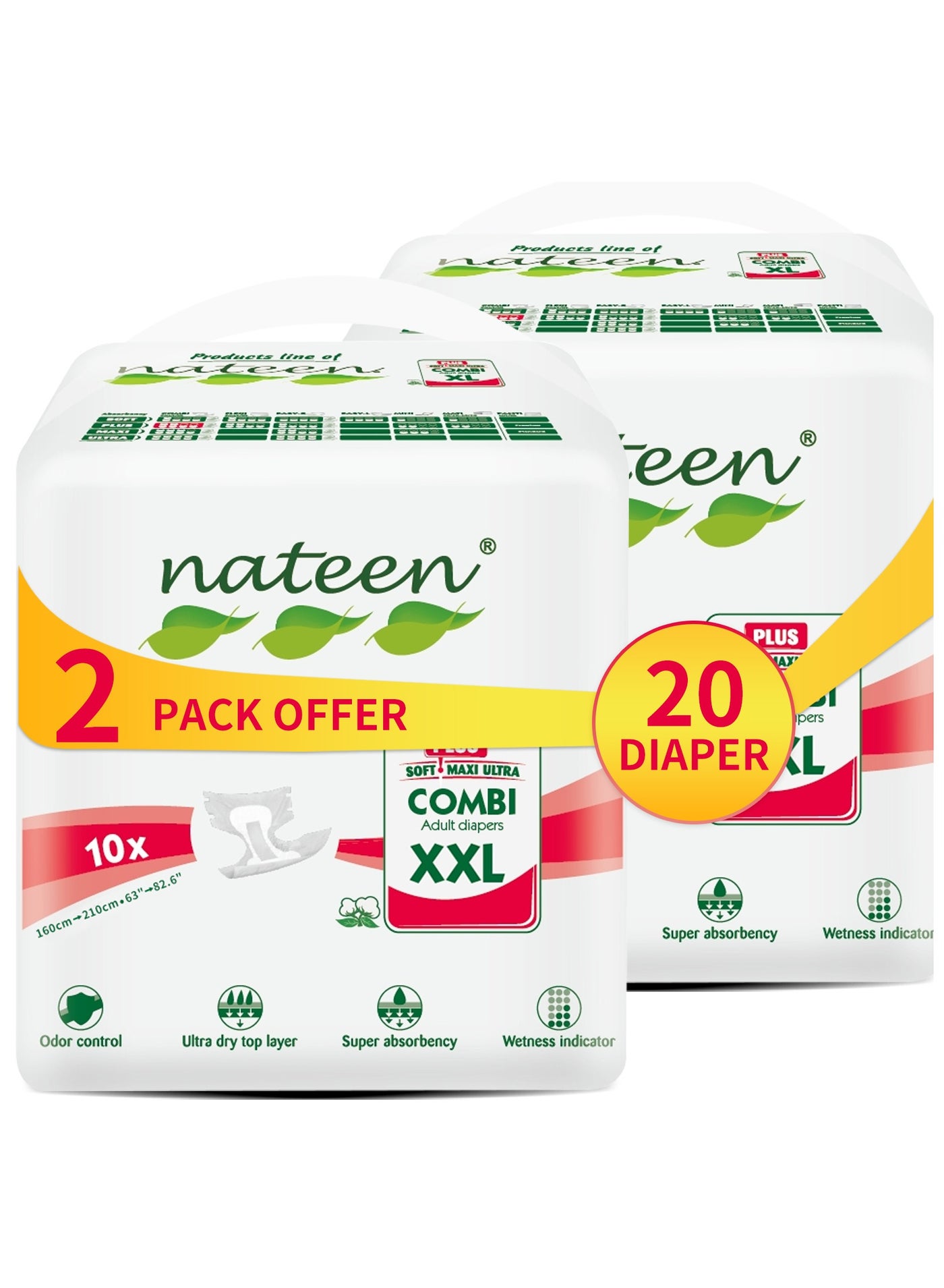 Nateen Combi Plus Incontinence Adult Diaper, XXL,Waist Size 160-210cm,20 Count Adult Diapers,with Super Absorbent Layer,Leak Guard,Disposable Underwear for Men&Women-3500ml Absorbency.