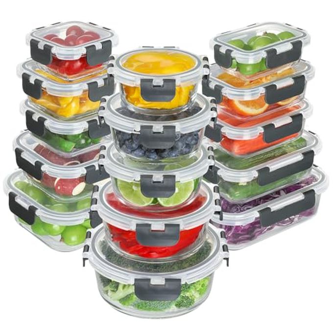 BAYZZ 30 Piece Glass Food Storage Containers Set, Glass Meal Prep Containers with Lids, Airtight Lunch Box, BPA-Free, Microwave, Freezer & Dishwasher Safe
