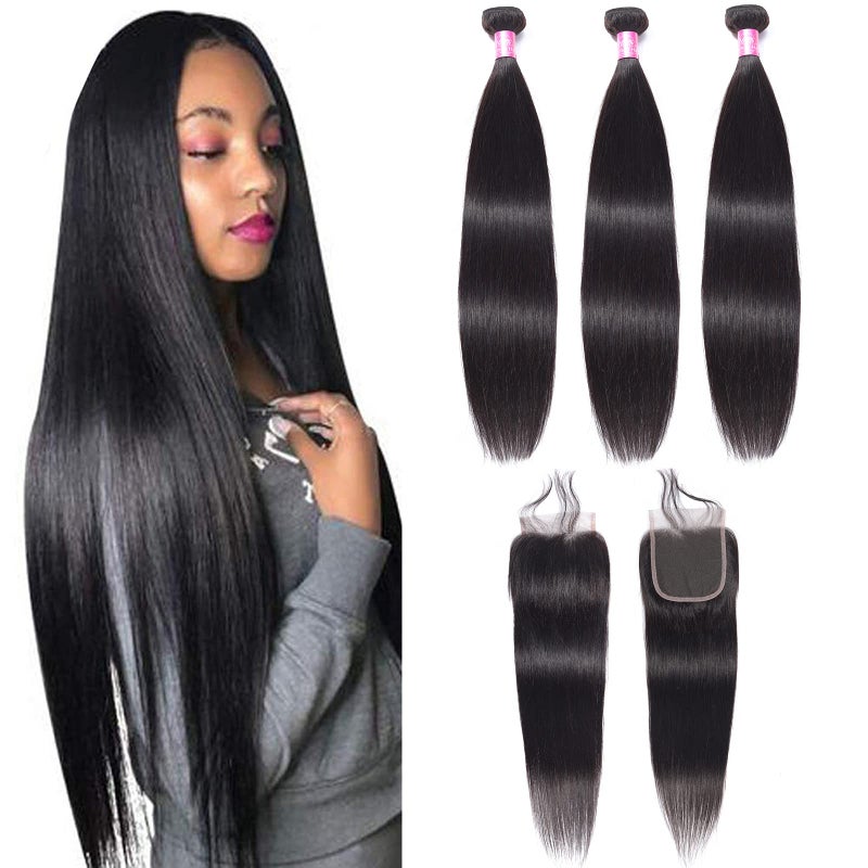 FQ Straight Human Hair Bundles with Closure24 26 2820 Peruvian Unprocessed Virgin Human Hair 3 Bundles with 4x4 Closure Straight Human Hair Weave Bundles Natural Color