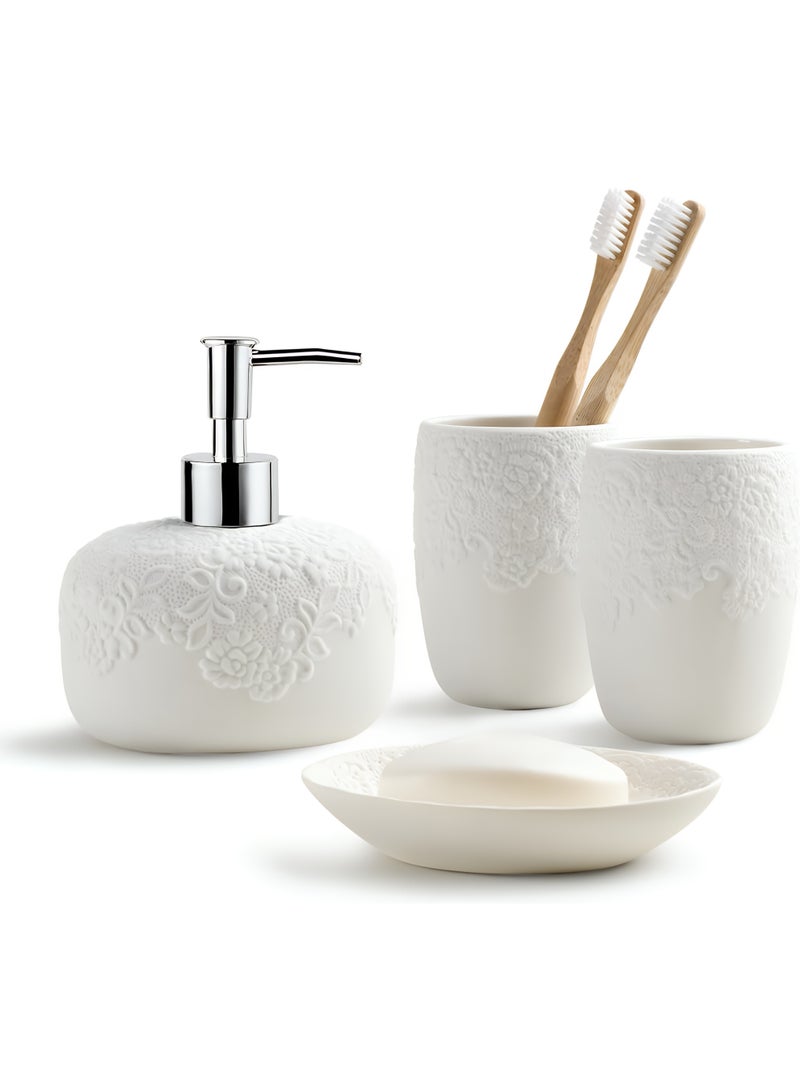 ALMiHomi Ceramic Bathroom Accessories Set 4PCS with Embossed Elegant Design, White Luxury Home Bathroom Set Includes 14oz Soap Dispenser (14oz / 4.1in / 10.4cm), 2 Tumbler Cups & Soap Dish – Premium Quality & Modern Décor Style - Image 1