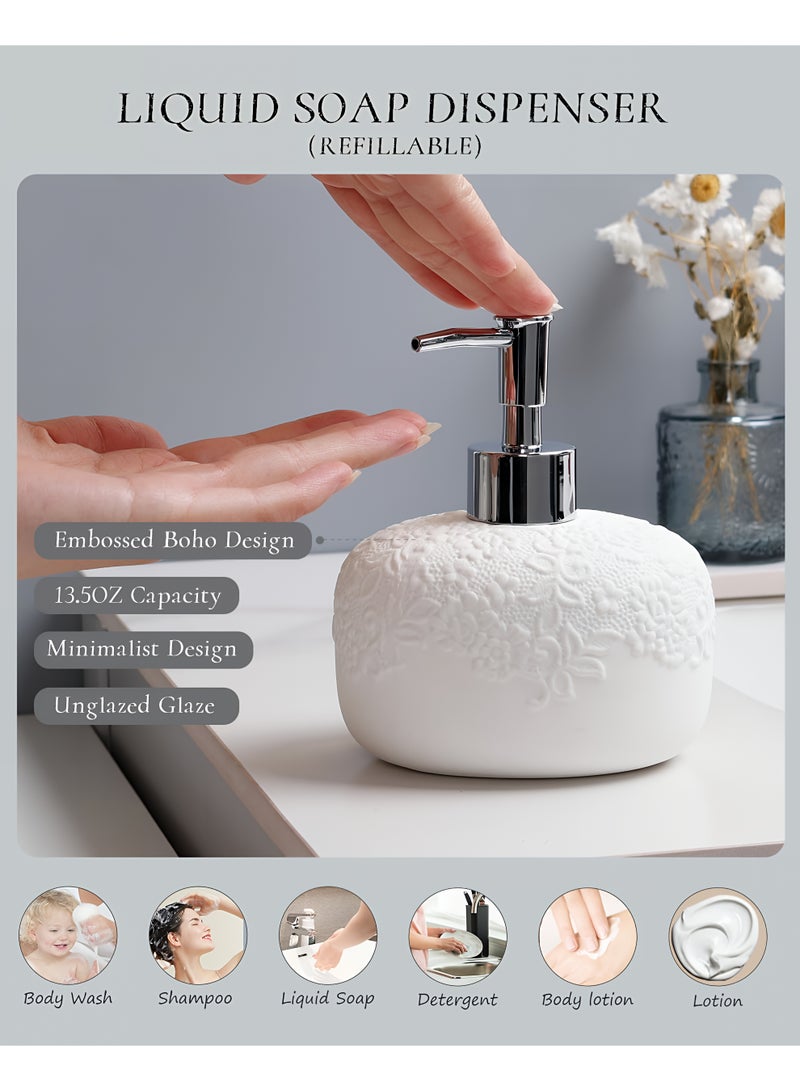 ALMiHomi Ceramic Bathroom Accessories Set 4PCS with Embossed Elegant Design, White Luxury Home Bathroom Set Includes 14oz Soap Dispenser (14oz / 4.1in / 10.4cm), 2 Tumbler Cups & Soap Dish – Premium Quality & Modern Décor Style - Image 4