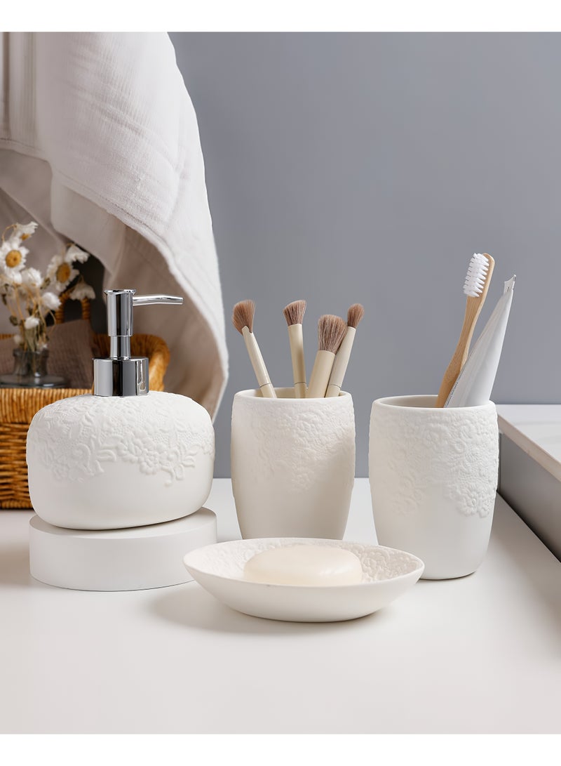 ALMiHomi Ceramic Bathroom Accessories Set 4PCS with Embossed Elegant Design, White Luxury Home Bathroom Set Includes 14oz Soap Dispenser (14oz / 4.1in / 10.4cm), 2 Tumbler Cups & Soap Dish – Premium Quality & Modern Décor Style - Image 3