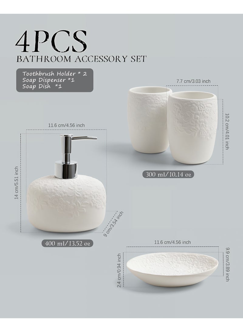 ALMiHomi Ceramic Bathroom Accessories Set 4PCS with Embossed Elegant Design, White Luxury Home Bathroom Set Includes 14oz Soap Dispenser (14oz / 4.1in / 10.4cm), 2 Tumbler Cups & Soap Dish – Premium Quality & Modern Décor Style - Image 2