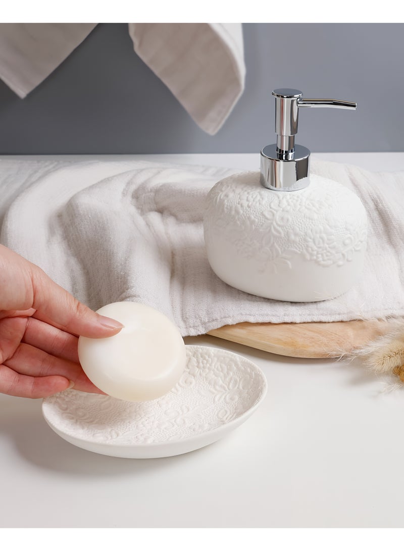 ALMiHomi Ceramic Bathroom Accessories Set 4PCS with Embossed Elegant Design, White Luxury Home Bathroom Set Includes 14oz Soap Dispenser (14oz / 4.1in / 10.4cm), 2 Tumbler Cups & Soap Dish – Premium Quality & Modern Décor Style - Image 5