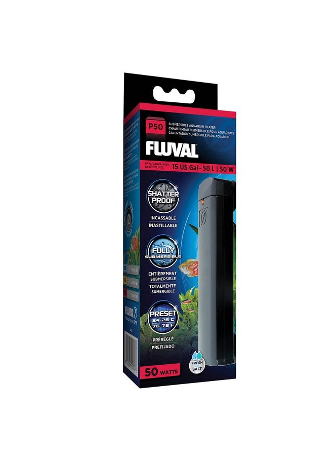 Fluval Fluval P50 Submersible Aquarium Heater - 50W, Preset 76-78°F for Freshwater & Saltwater Tanks up to 15 Gal, Shatterproof, Fully Submersible, LED Indicator, Durable & Safe Fish Tank Heater - Image 1