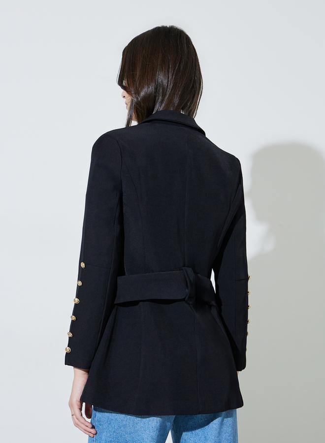 Styli Black Solid Button Detail Slim Fit Blazer - Image 4