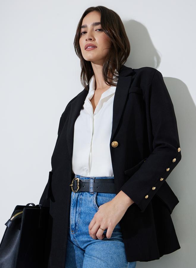 Styli Black Solid Button Detail Slim Fit Blazer - Image 1