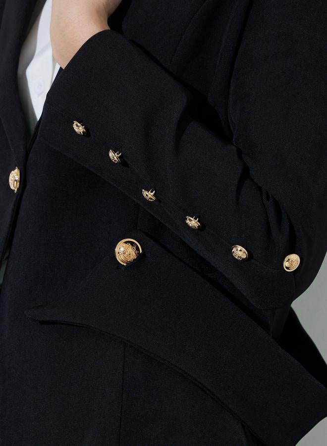 Styli Black Solid Button Detail Slim Fit Blazer - Image 3