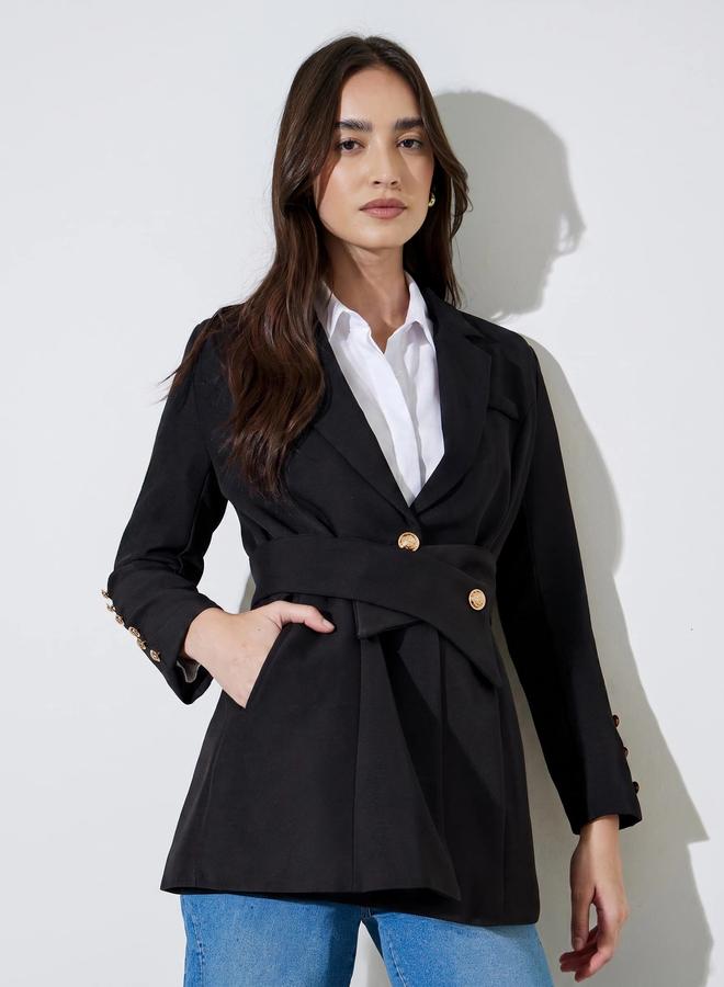 Styli Black Solid Button Detail Slim Fit Blazer - Image 5