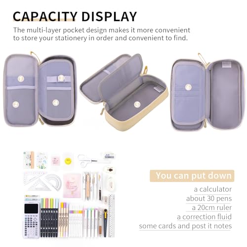 CICIMELON Durable Pen Pencil Case Big Storage Pen Pouch Bag for School Supplies College Teen Girls Adults, Beige - Image 3