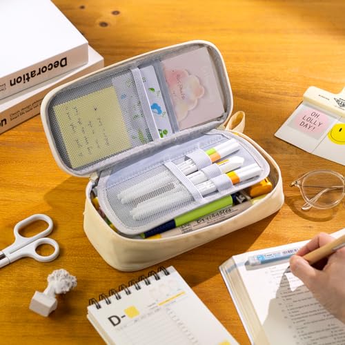 CICIMELON Durable Pen Pencil Case Big Storage Pen Pouch Bag for School Supplies College Teen Girls Adults, Beige - Image 2