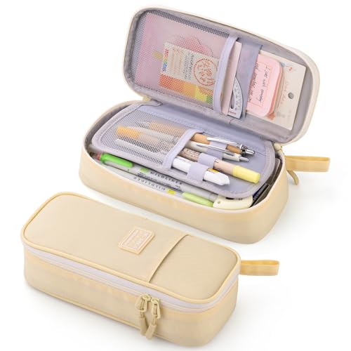 CICIMELON Durable Pen Pencil Case Big Storage Pen Pouch Bag for School Supplies College Teen Girls Adults, Beige - Image 1