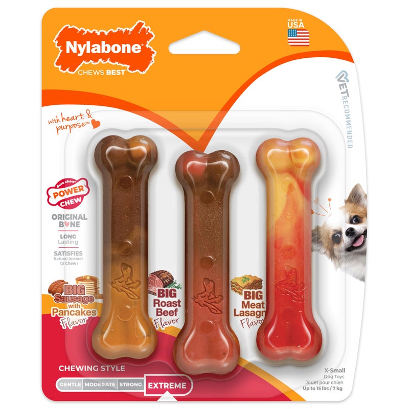 Nylabone Original Bone Power Chew Toy for Dogs, Durable Dog Toys for Aggressive Chewers, Flavor Frenzy Pancakes & Sausage, Roast Beef, & Lasagna, X-Small - Up to 15 lbs, 3 Pack - Image 1