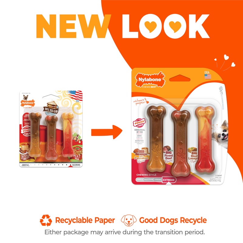Nylabone Original Bone Power Chew Toy for Dogs, Durable Dog Toys for Aggressive Chewers, Flavor Frenzy Pancakes & Sausage, Roast Beef, & Lasagna, X-Small - Up to 15 lbs, 3 Pack - Image 2